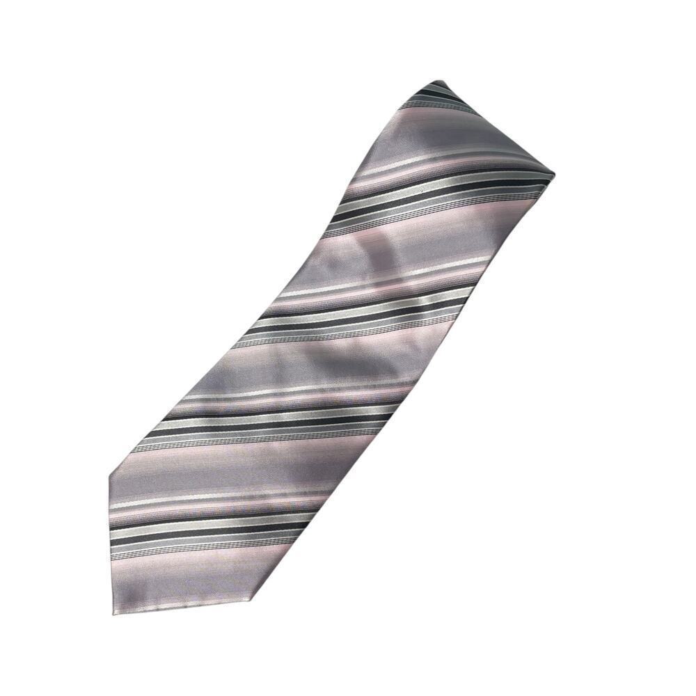 Verte Vallee Italian Design Silk Tie Pink Gray Black Stripes